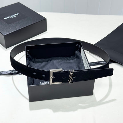 YSL 25S BELT 30 MM IN BLACK SUEDE WITH SILVER HARDWARE 586764