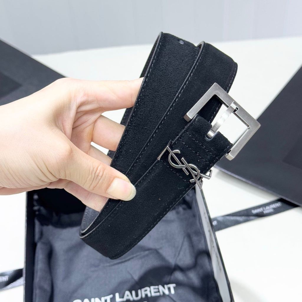 YSL 25S BELT 30 MM IN BLACK SUEDE WITH SILVER HARDWARE 586764