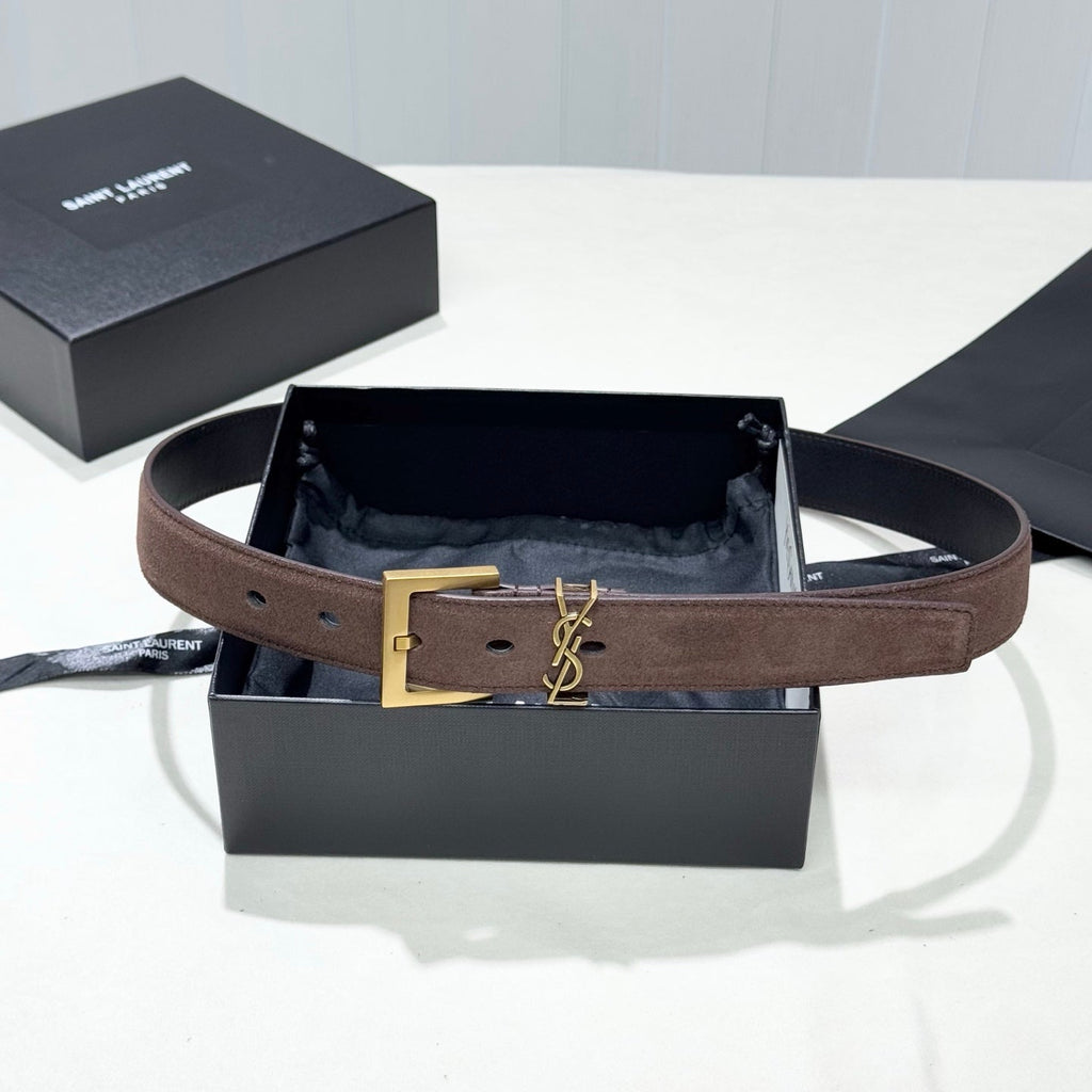 YSL 25S BELT 30 MM IN ASH BROWN SUEDE WITH GOLD HARDWARE 586765