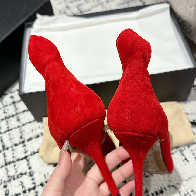 ALAIA HIGH PUMPS 10CM IN CHERRY RED SUEDE MIX BLACK CALFSKIN