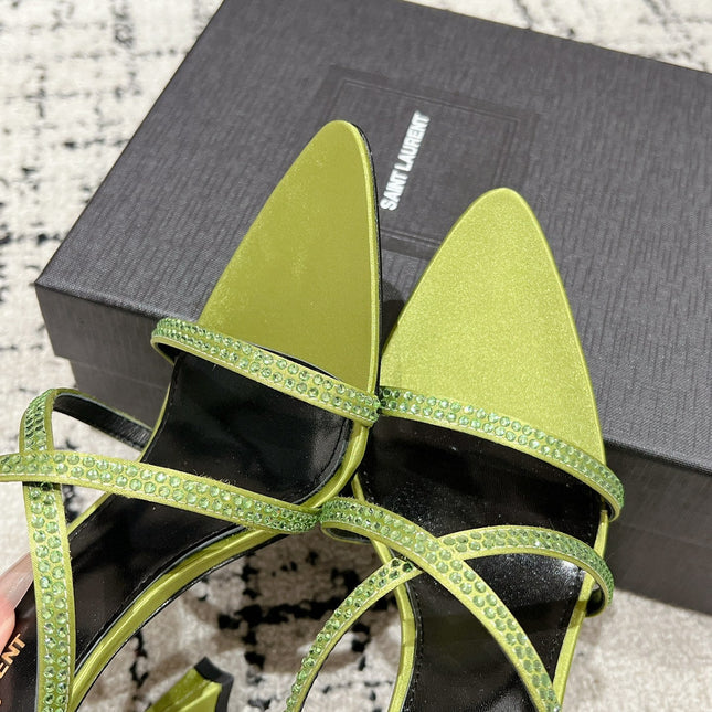 HIGH CRYSTAL STRAP SANDALS IN PEAR GREEN SILK