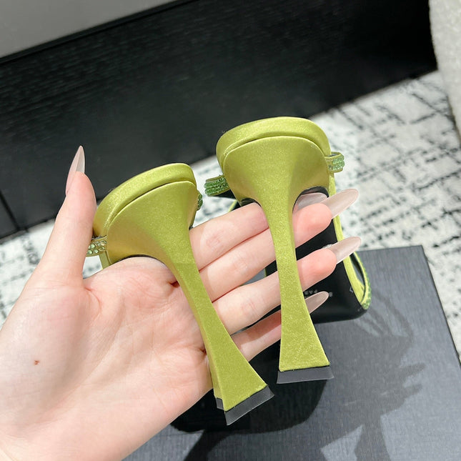 HIGH CRYSTAL STRAP SANDALS IN PEAR GREEN SILK