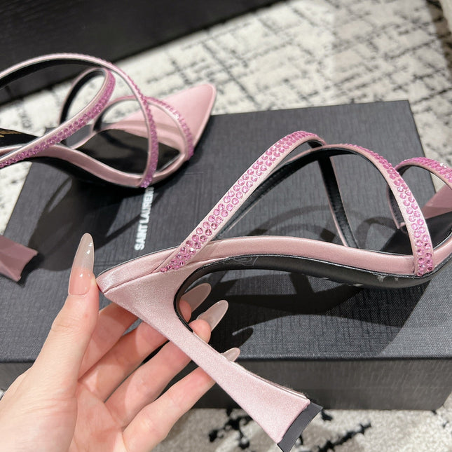 HIGH CRYSTAL STRAP SANDALS IN LIGHT PINK SILK