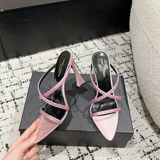 HIGH CRYSTAL STRAP SANDALS IN LIGHT PINK SILK