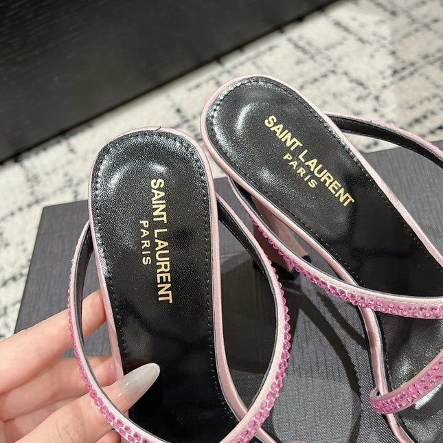 HIGH CRYSTAL STRAP SANDALS IN LIGHT PINK SILK