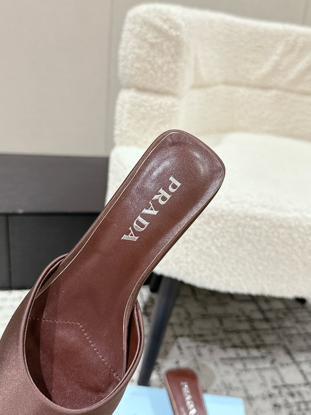 PRADA 25S POINTED-TOE MULES IN DARK BROWN SATIN