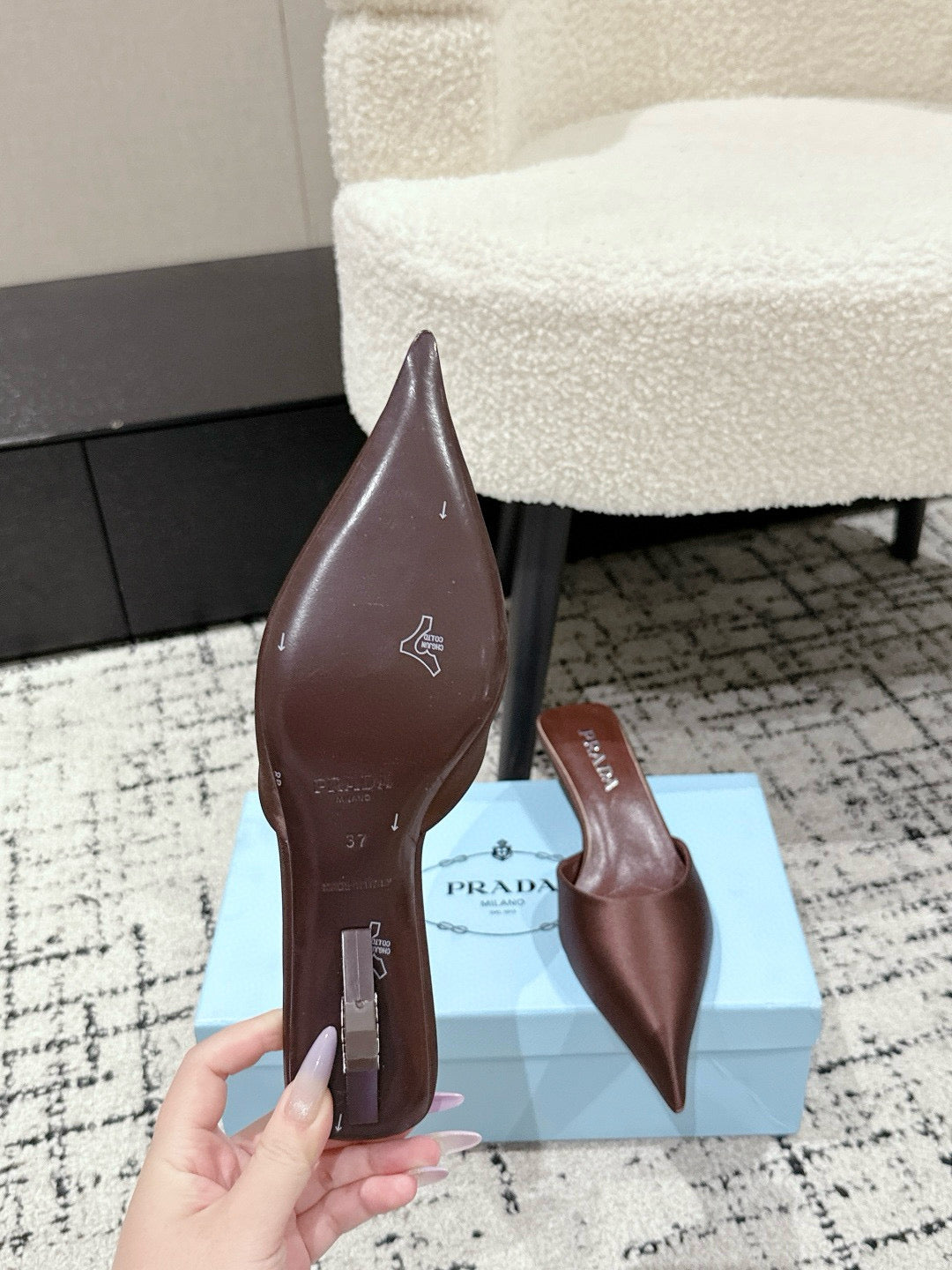 PRADA 25S POINTED-TOE MULES IN DARK BROWN SATIN