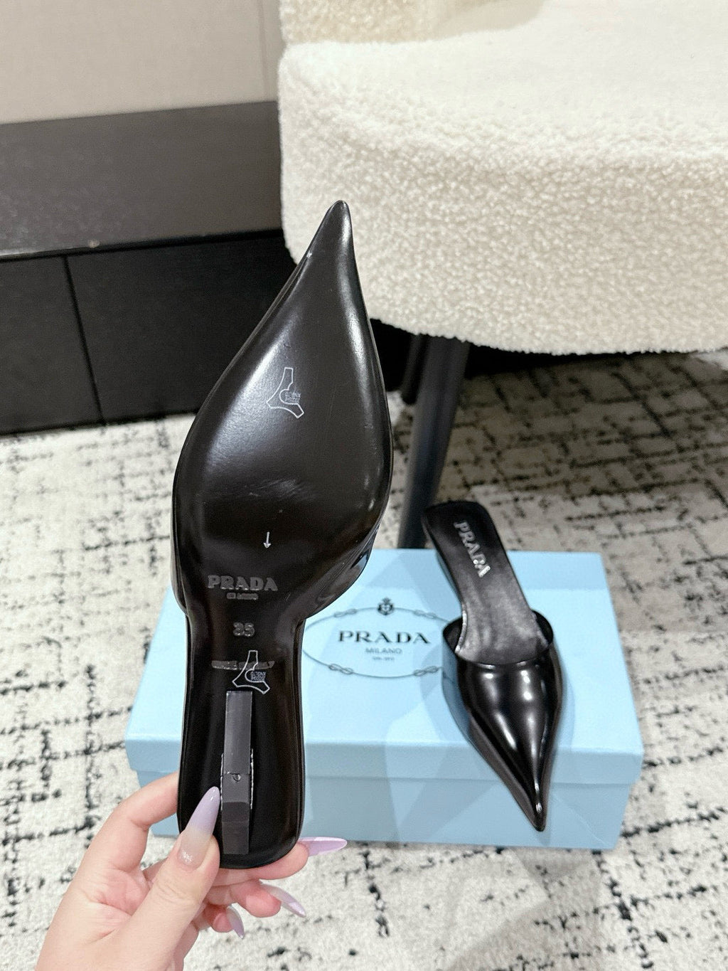 PRADA 25S POINTED-TOE MULES IN BLACK CALFSKIN