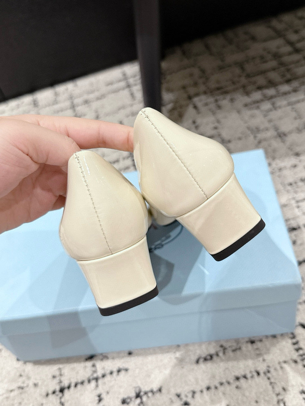 PRADA 25S SQUARE TOE HIGH HEELS IN IVORY GLOSSY CALFSKIN