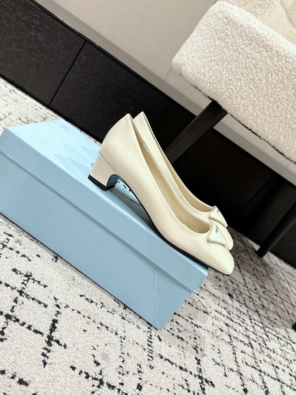 PRADA 25S SQUARE TOE HIGH HEELS IN IVORY GLOSSY CALFSKIN