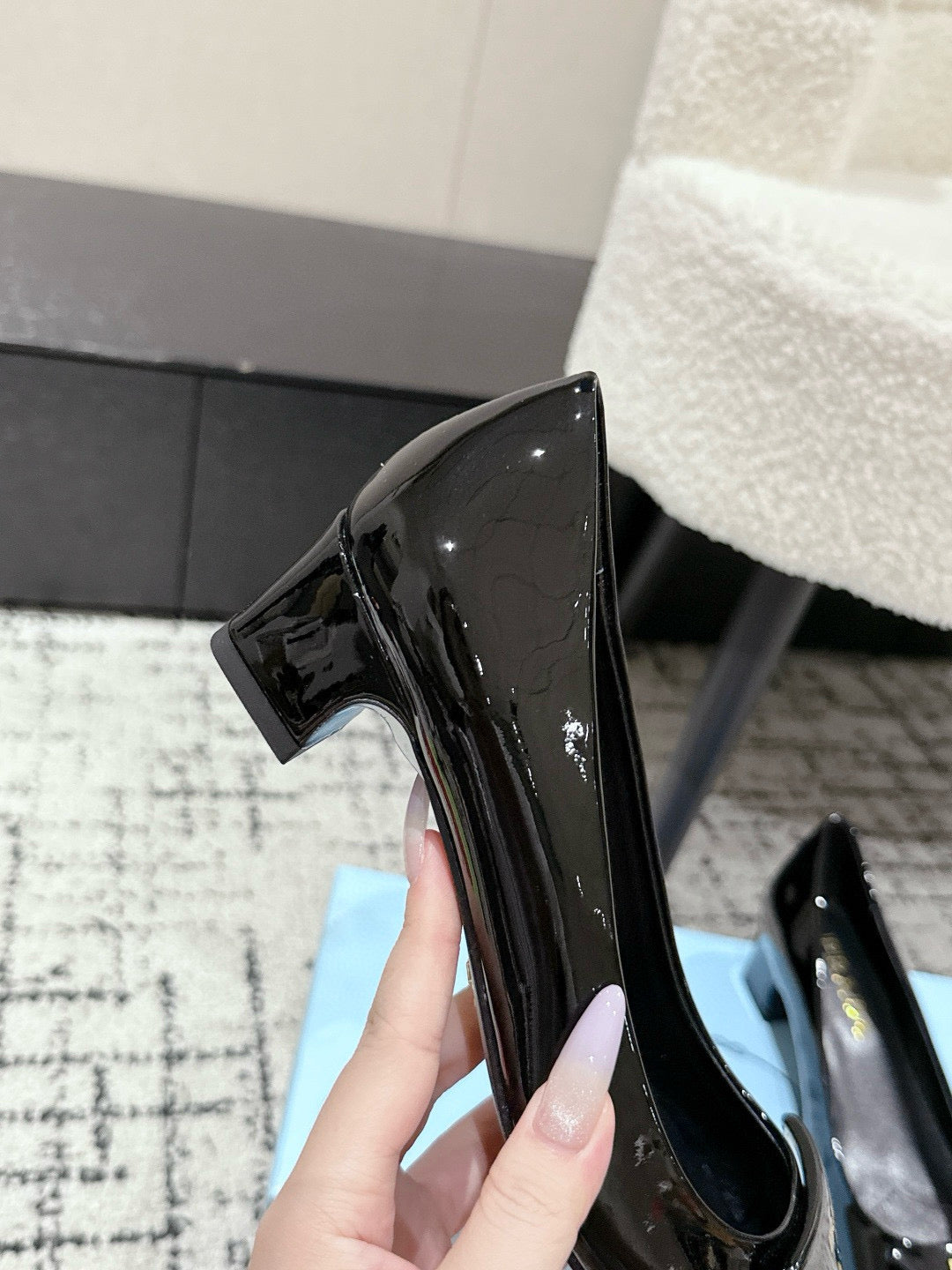 PRADA 25S SQUARE TOE HIGH HEELS IN BLACK GLOSSY CALFSKIN
