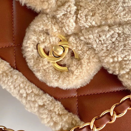 MEDIUM FLAP BAG 23 IN BEIGE WOOL AND GINGER ORANGE CALFSKIN GOLD HARDWARE