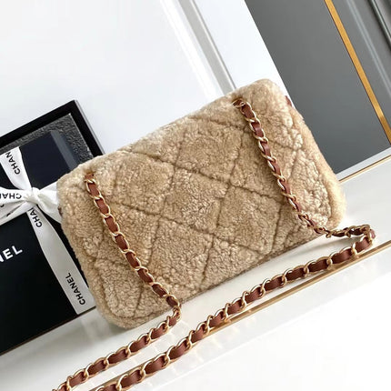 MEDIUM FLAP BAG 23 IN BEIGE WOOL AND GINGER ORANGE CALFSKIN GOLD HARDWARE