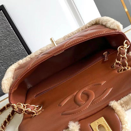 MEDIUM FLAP BAG 23 IN BEIGE WOOL AND GINGER ORANGE CALFSKIN GOLD HARDWARE