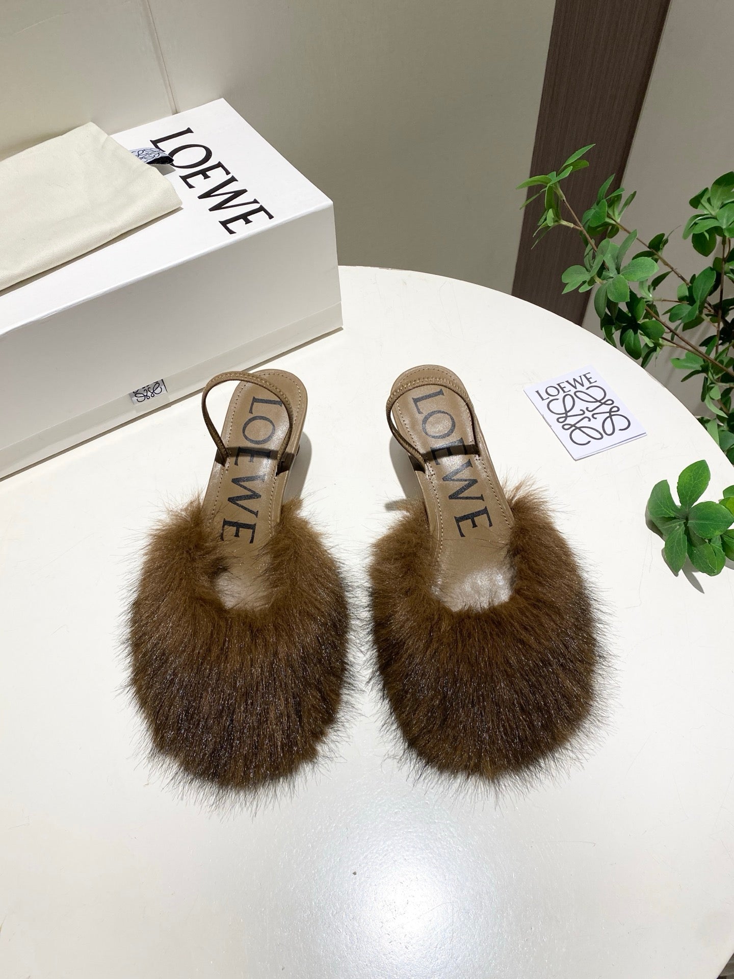 LOEWE 26S OPEN-BACK HIGH HEELS 60MM IN DARK BROWN CALFSKIN WITH FUR