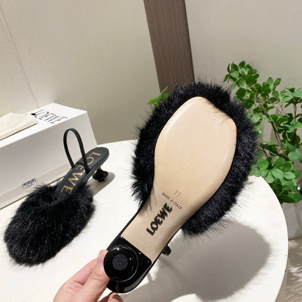LOEWE 26S OPEN-BACK HIGH HEELS 60MM IN BLACK CALFSKIN WITH FUR