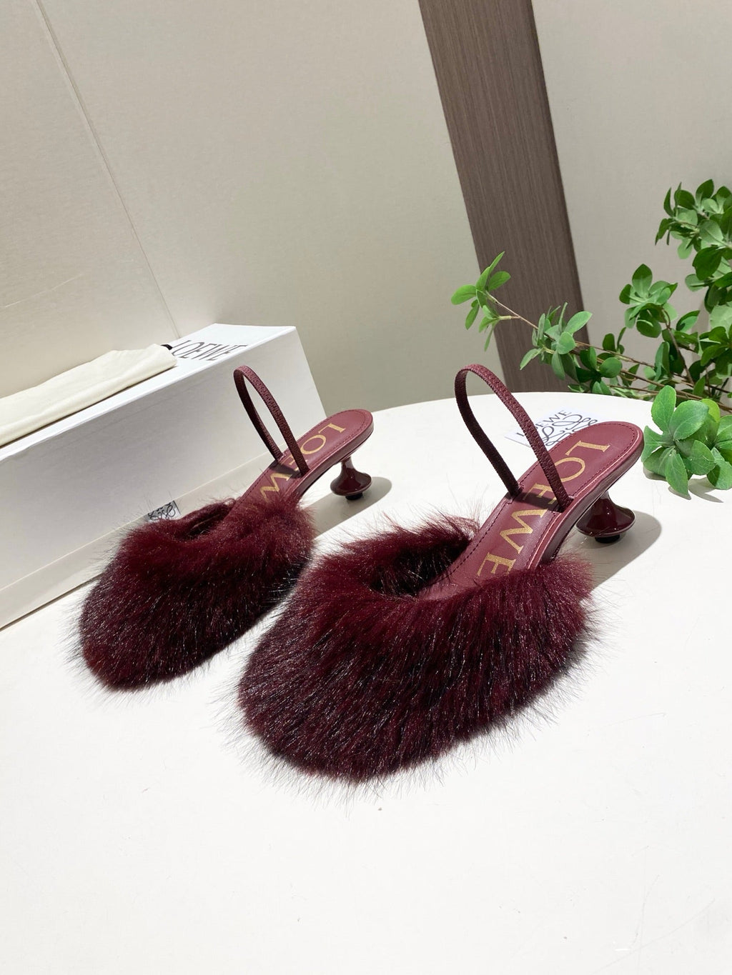 LOEWE 26S OPEN-BACK HIGH HEELS 60MM IN WINE RED CALFSKIN WITH FUR