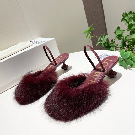 LOEWE 26S OPEN-BACK HIGH HEELS 60MM IN WINE RED CALFSKIN WITH FUR