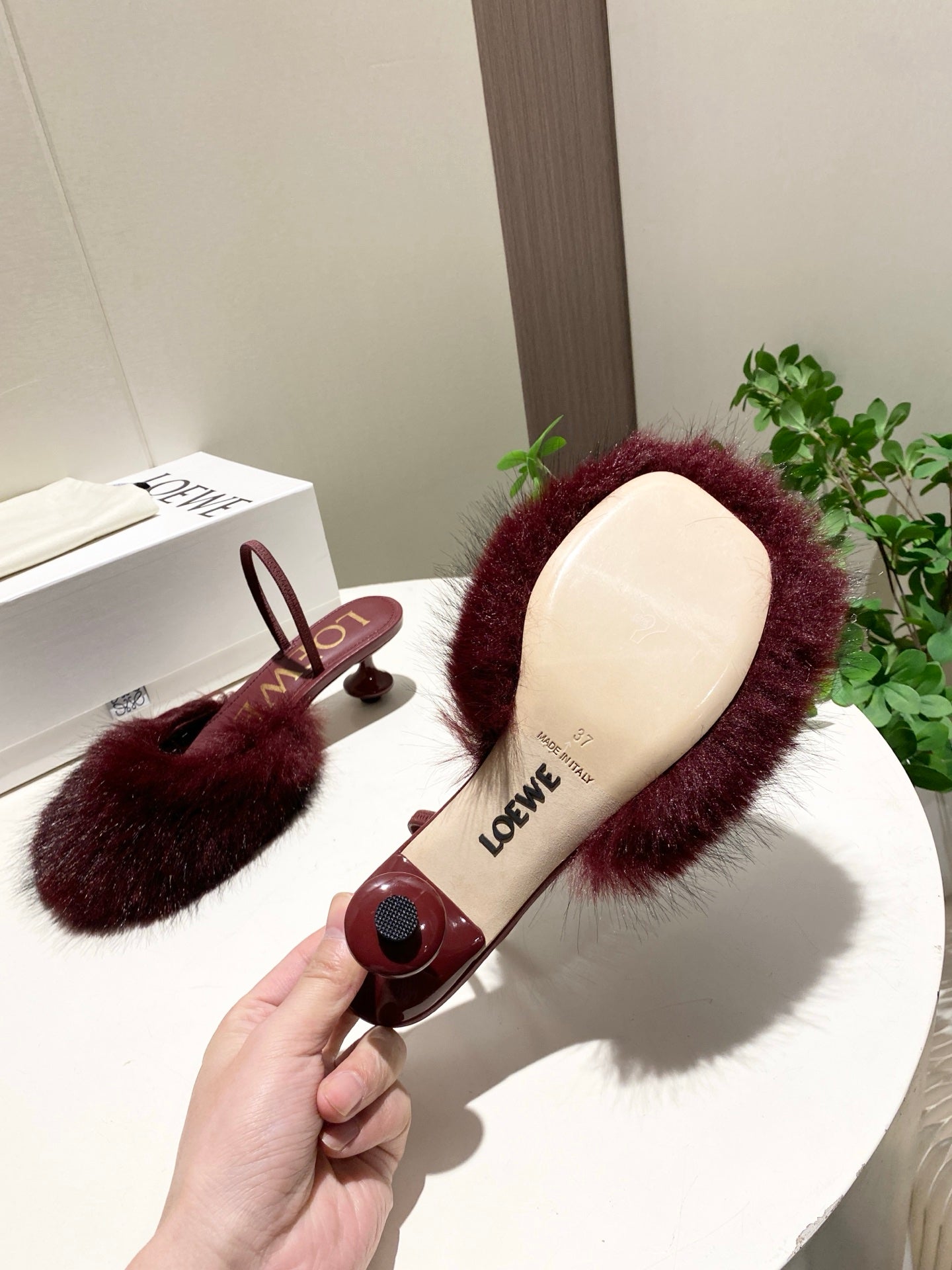LOEWE 26S OPEN-BACK HIGH HEELS 60MM IN WINE RED CALFSKIN WITH FUR