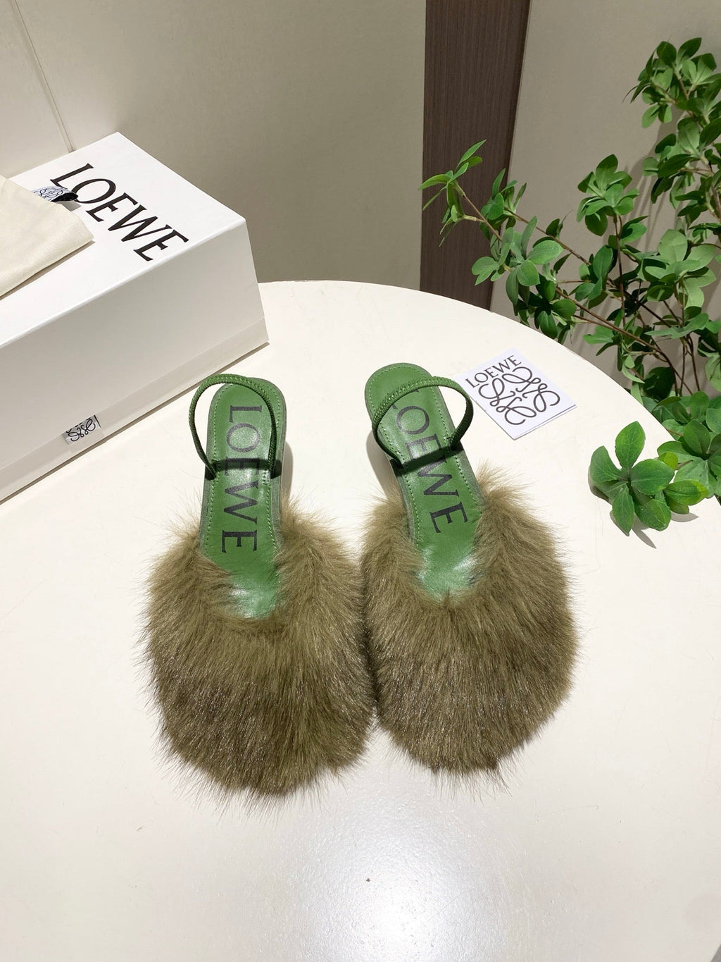 LOEWE 26S OPEN-BACK HIGH HEELS 60MM IN GREEN CALFSKIN WITH FUR