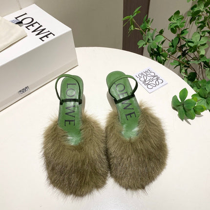 LOEWE 26S OPEN-BACK HIGH HEELS 60MM IN GREEN CALFSKIN WITH FUR