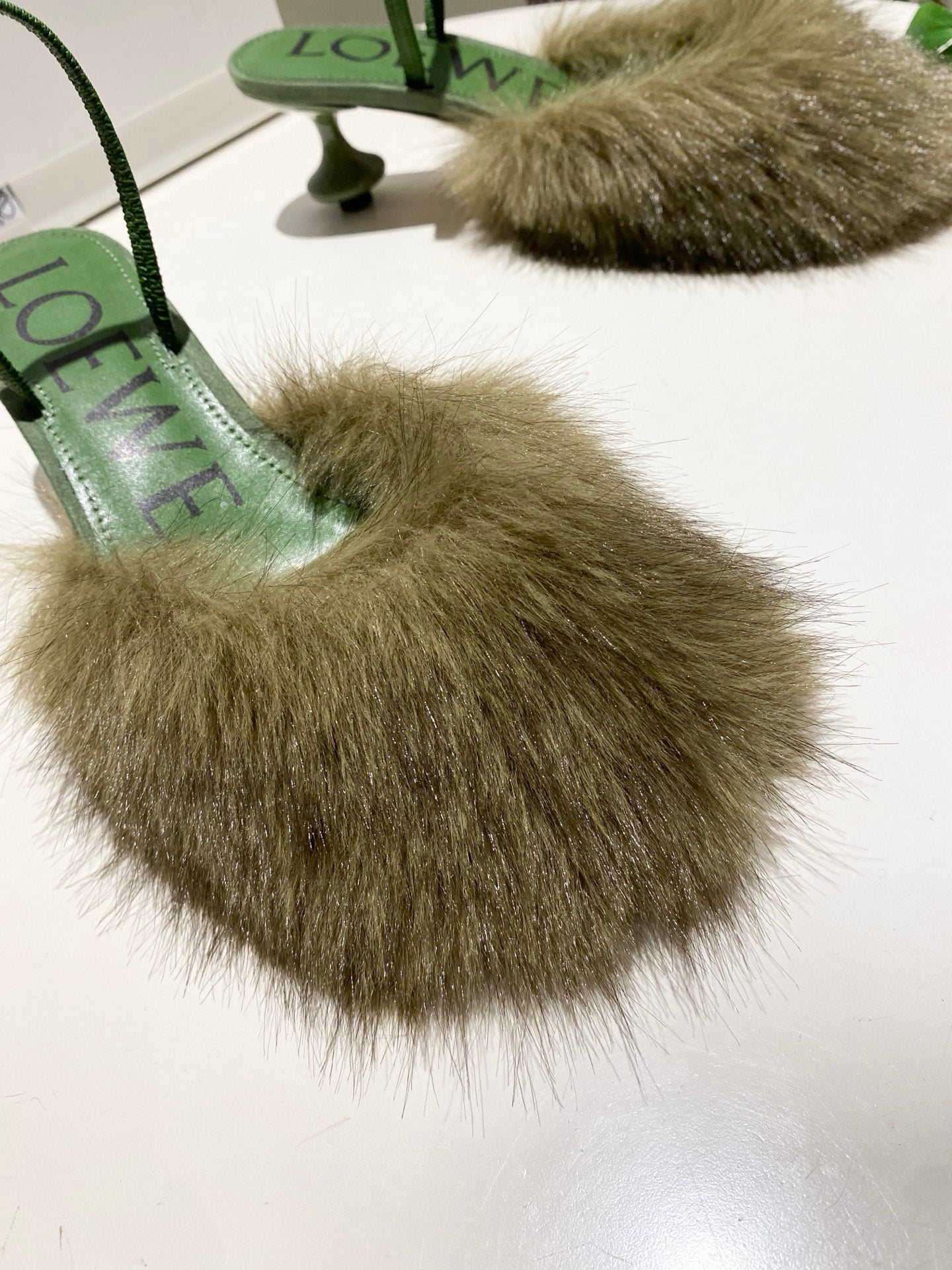 LOEWE 26S OPEN-BACK HIGH HEELS 60MM IN GREEN CALFSKIN WITH FUR