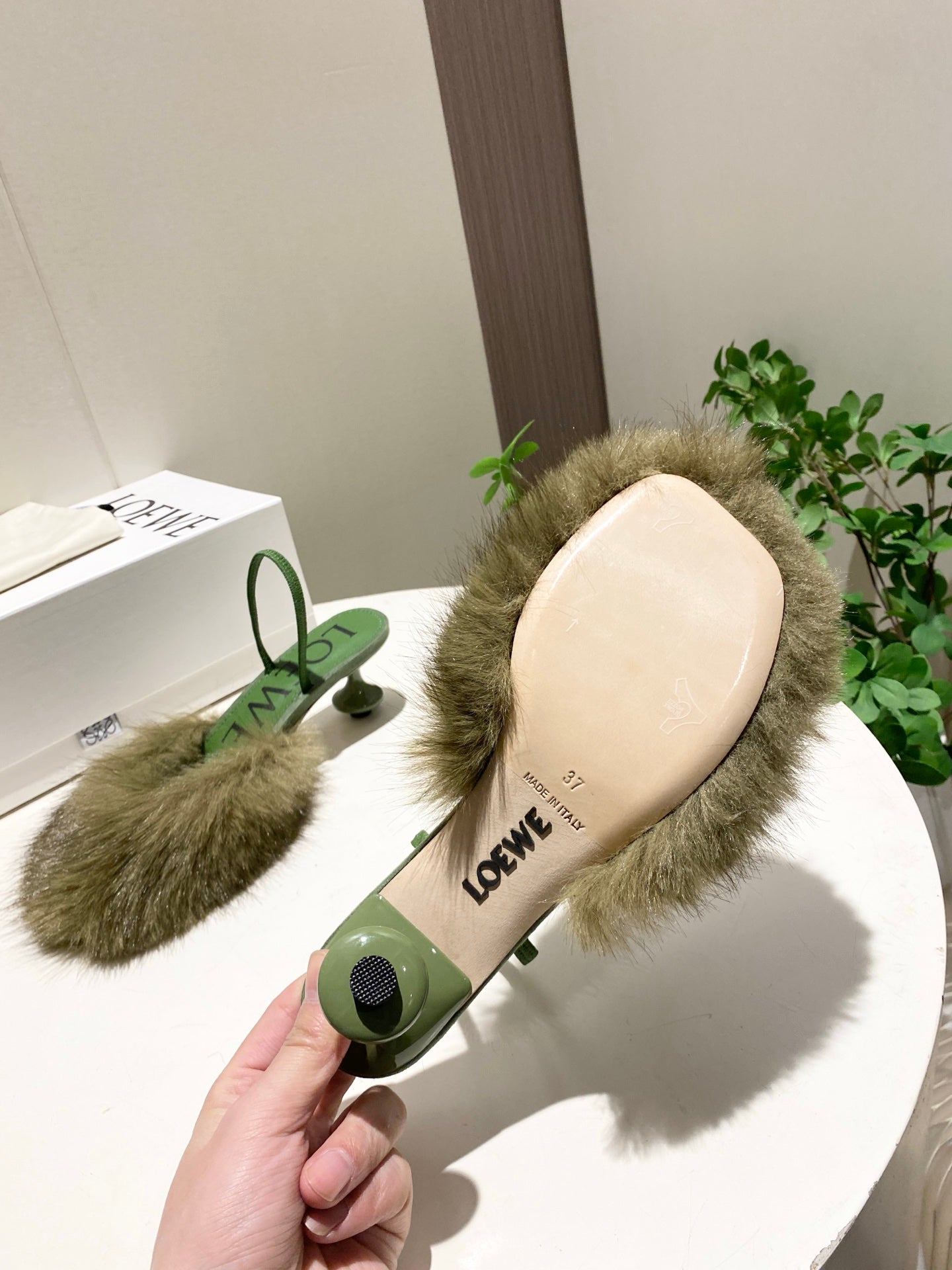 LOEWE 26S OPEN-BACK HIGH HEELS 60MM IN GREEN CALFSKIN WITH FUR