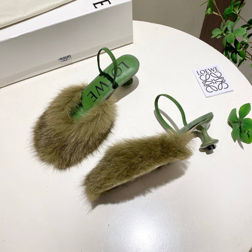 LOEWE 26S OPEN-BACK HIGH HEELS 60MM IN GREEN CALFSKIN WITH FUR