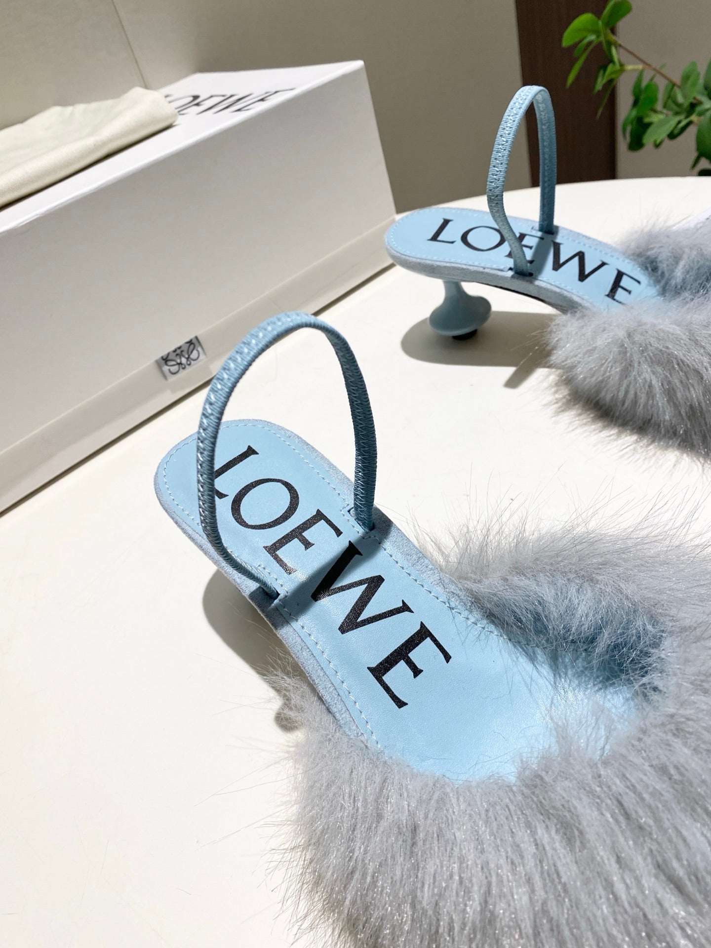 LOEWE 26S OPEN-BACK HIGH HEELS 60MM IN LIGHT BLUE CALFSKIN WITH FUR