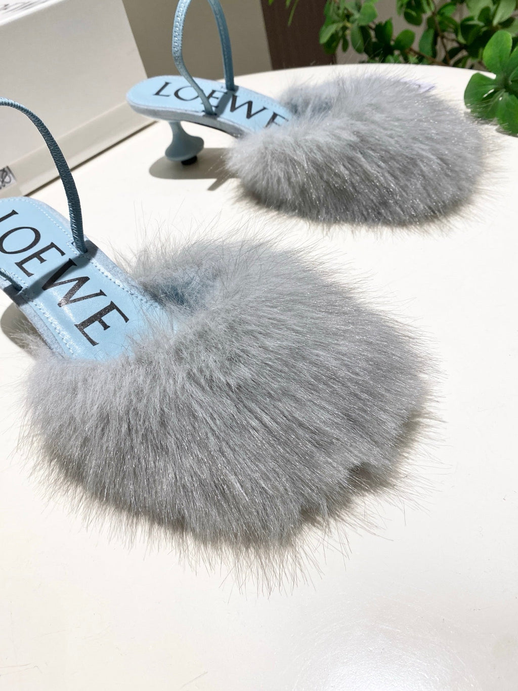 LOEWE 26S OPEN-BACK HIGH HEELS 60MM IN LIGHT BLUE CALFSKIN WITH FUR