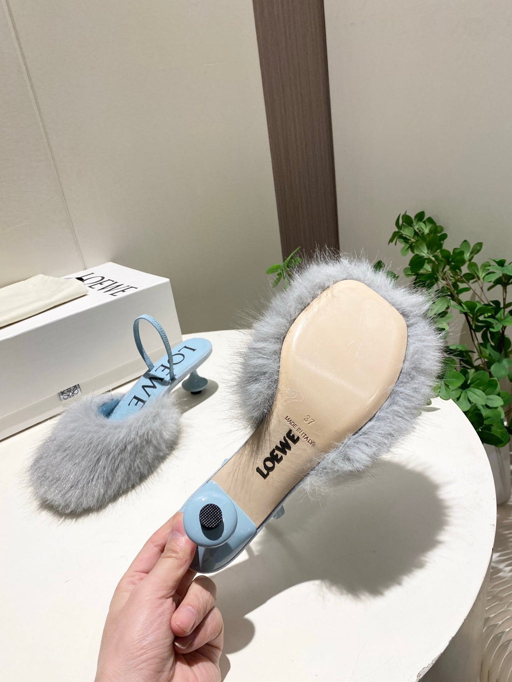 LOEWE 26S OPEN-BACK HIGH HEELS 60MM IN LIGHT BLUE CALFSKIN WITH FUR