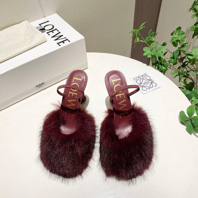 LOEWE 26S OPEN-BACK HIGH HEELS 100MM IN WINE RED CALFSKIN WITH FUR