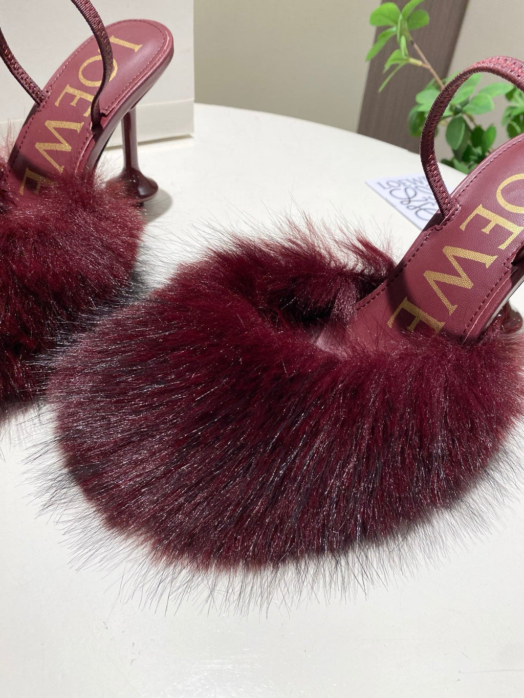 LOEWE 26S OPEN-BACK HIGH HEELS 100MM IN WINE RED CALFSKIN WITH FUR