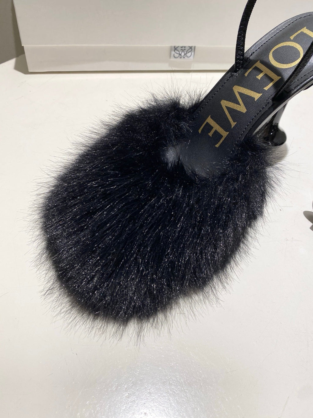 LOEWE 26S OPEN-BACK HIGH HEELS 100MM IN BLACK CALFSKIN WITH FUR