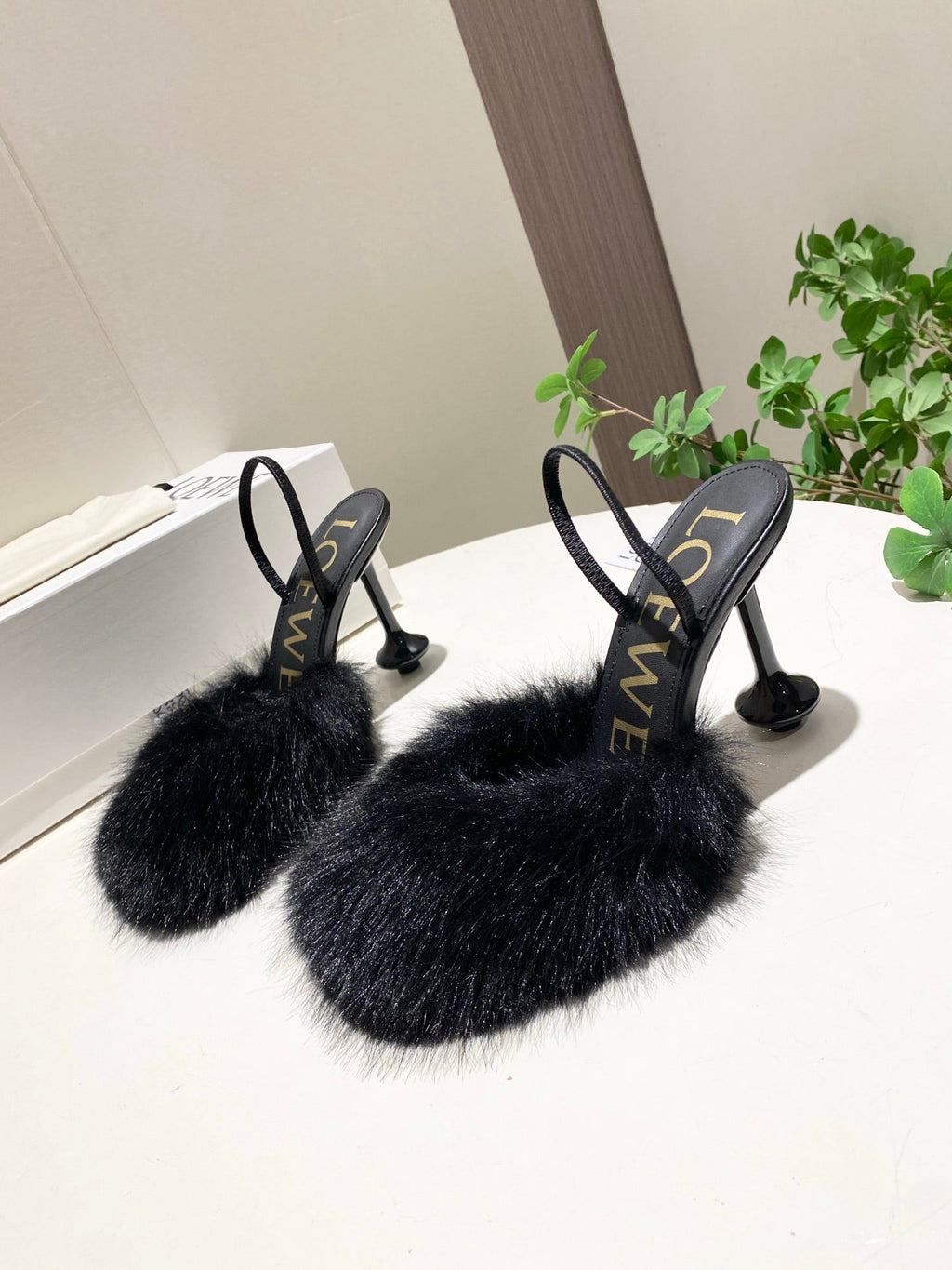 LOEWE 26S OPEN-BACK HIGH HEELS 100MM IN BLACK CALFSKIN WITH FUR