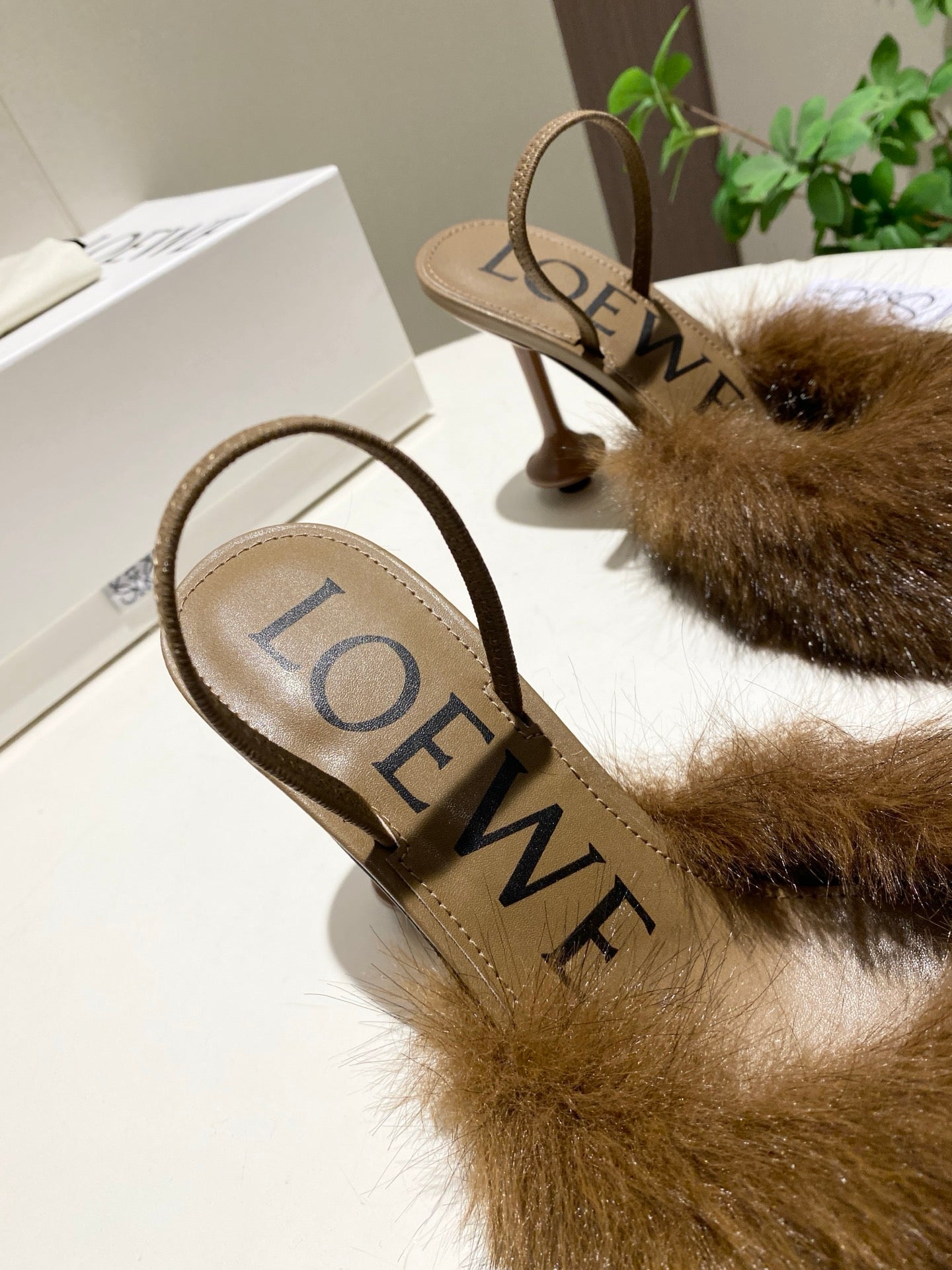 LOEWE 26S OPEN-BACK HIGH HEELS 100MM IN DARK BROWN CALFSKIN WITH FUR
