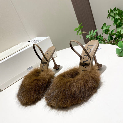 LOEWE 26S OPEN-BACK HIGH HEELS 100MM IN DARK BROWN CALFSKIN WITH FUR