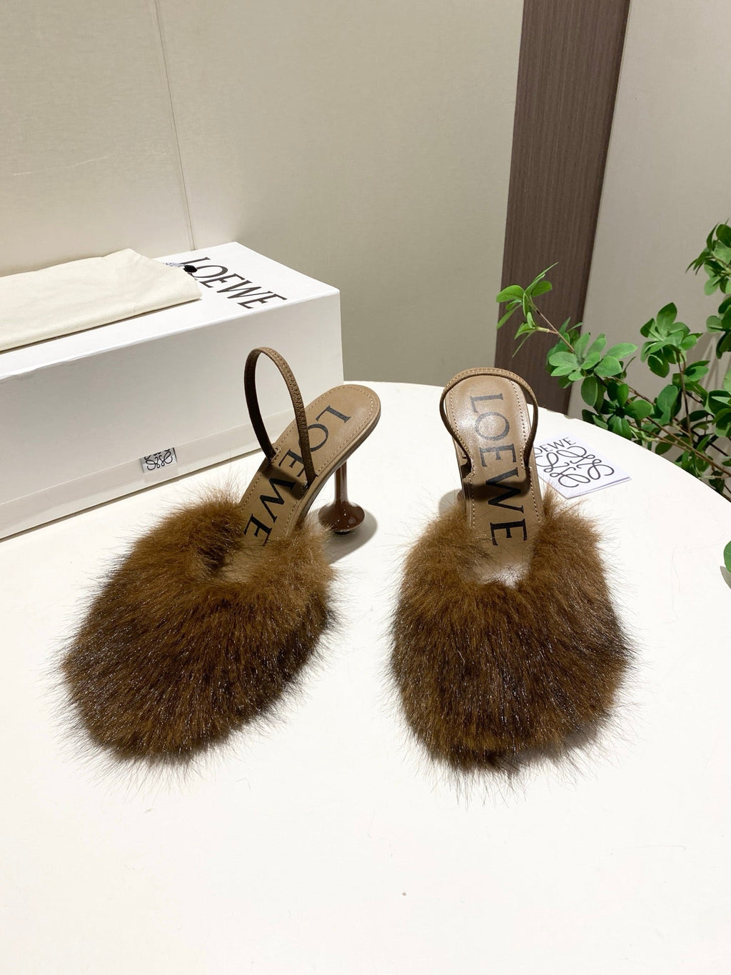 LOEWE 26S OPEN-BACK HIGH HEELS 100MM IN DARK BROWN CALFSKIN WITH FUR