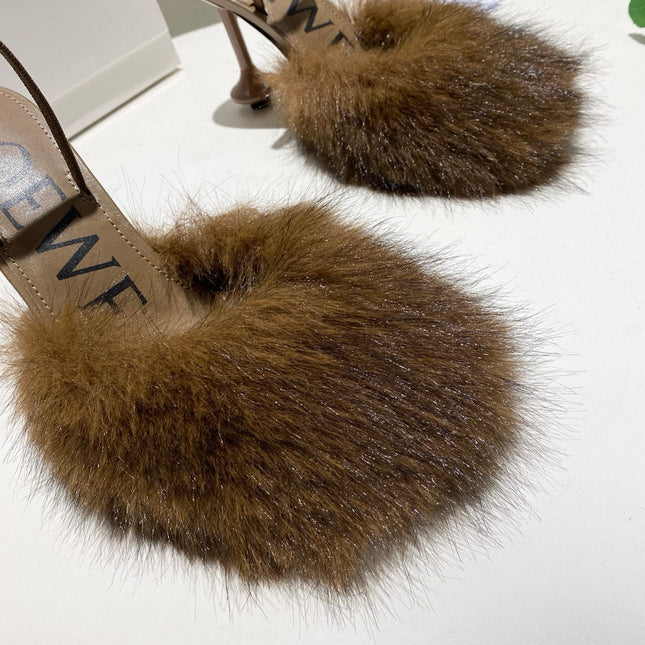 LOEWE 26S OPEN-BACK HIGH HEELS 100MM IN DARK BROWN CALFSKIN WITH FUR