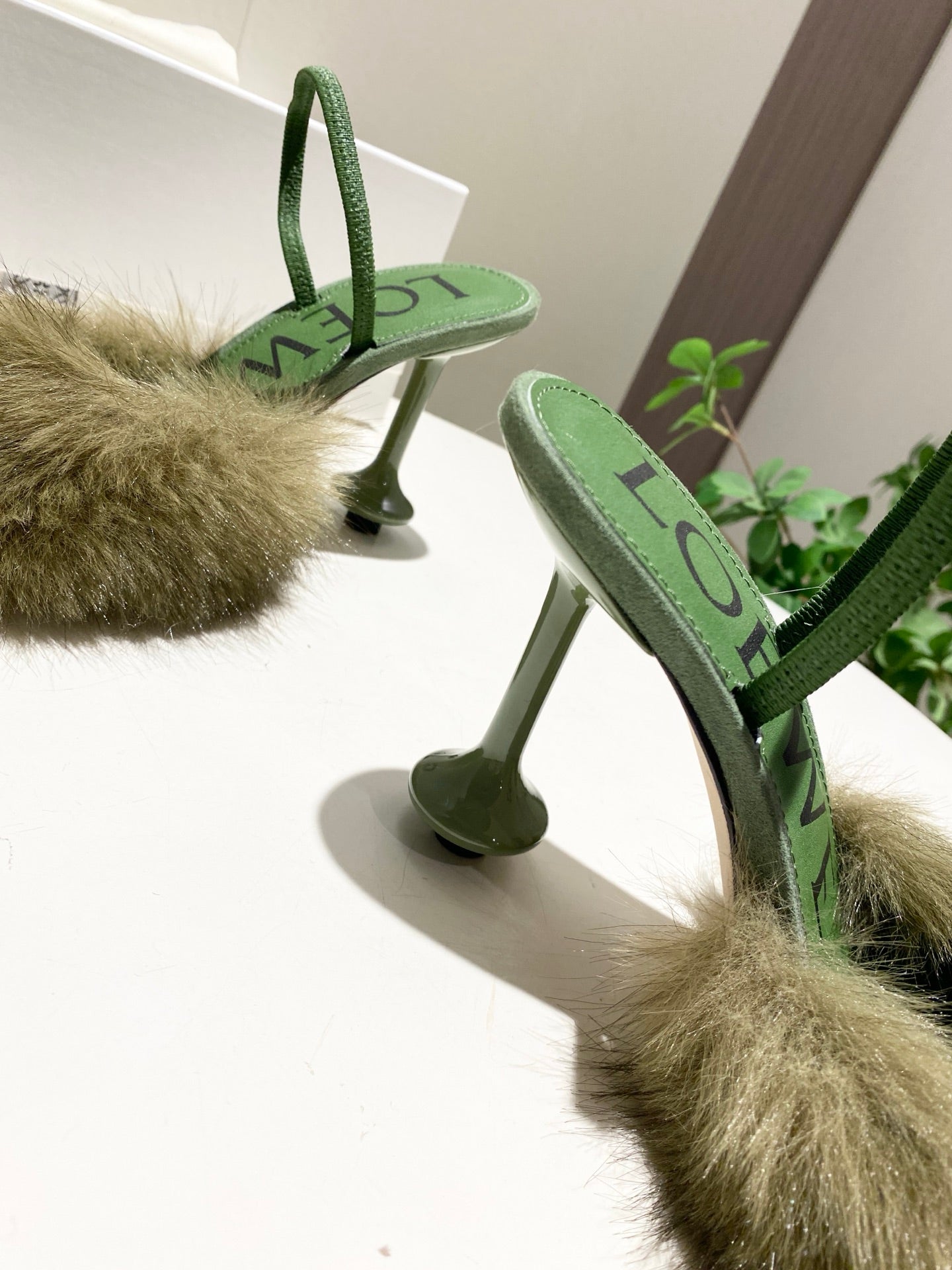 LOEWE 26S OPEN-BACK HIGH HEELS 100MM IN GREEN CALFSKIN WITH FUR