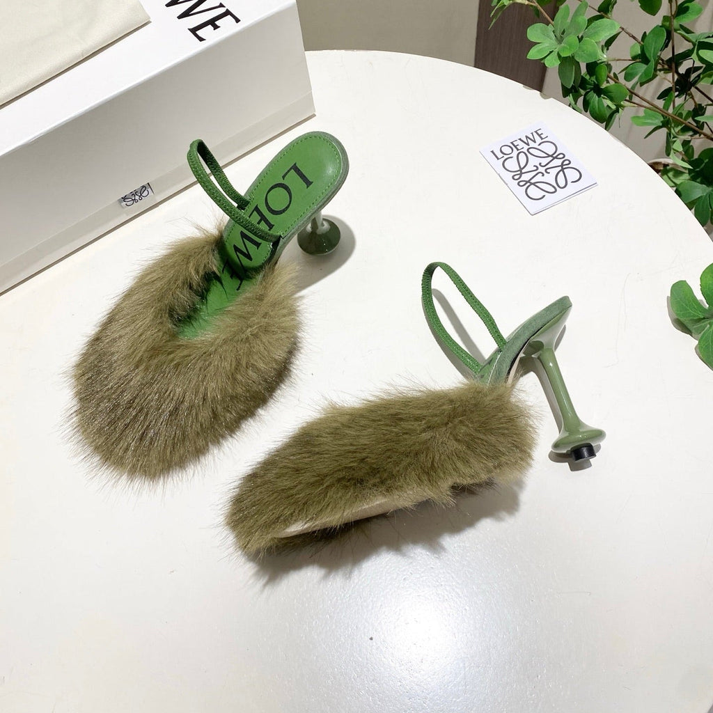 LOEWE 26S OPEN-BACK HIGH HEELS 100MM IN GREEN CALFSKIN WITH FUR