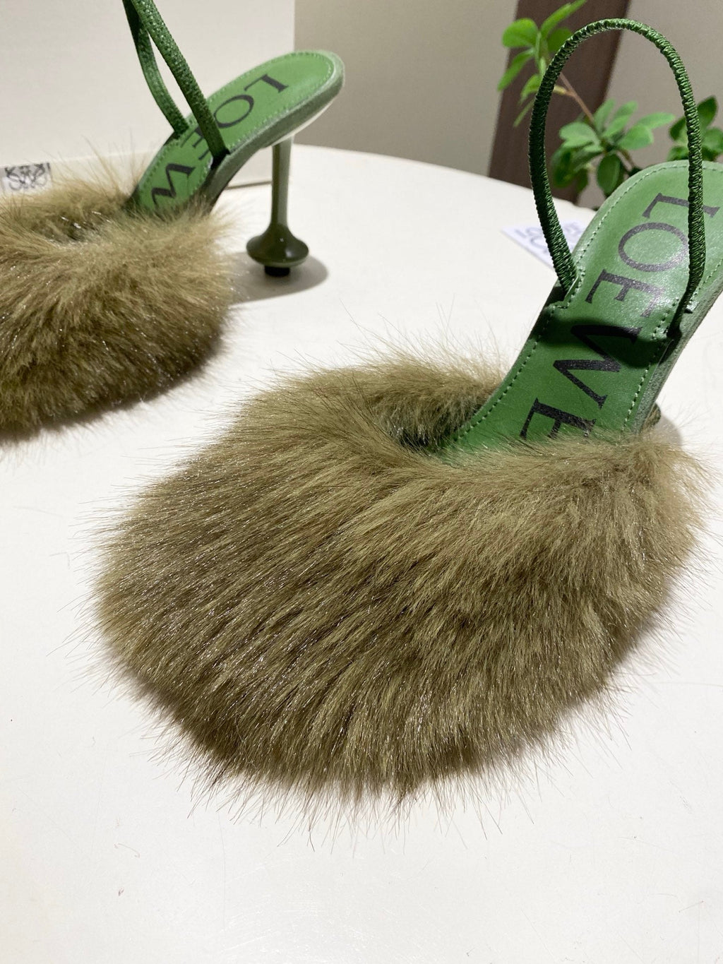 LOEWE 26S OPEN-BACK HIGH HEELS 100MM IN GREEN CALFSKIN WITH FUR