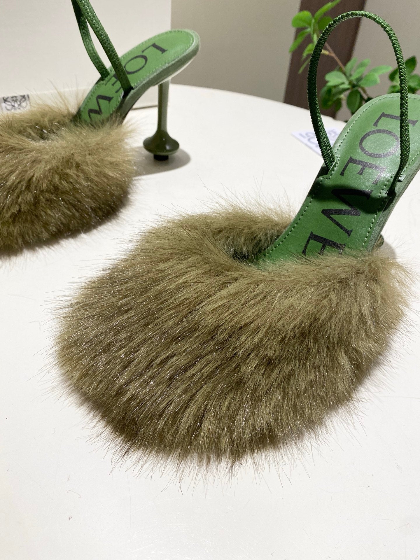 LOEWE 26S OPEN-BACK HIGH HEELS 100MM IN GREEN CALFSKIN WITH FUR