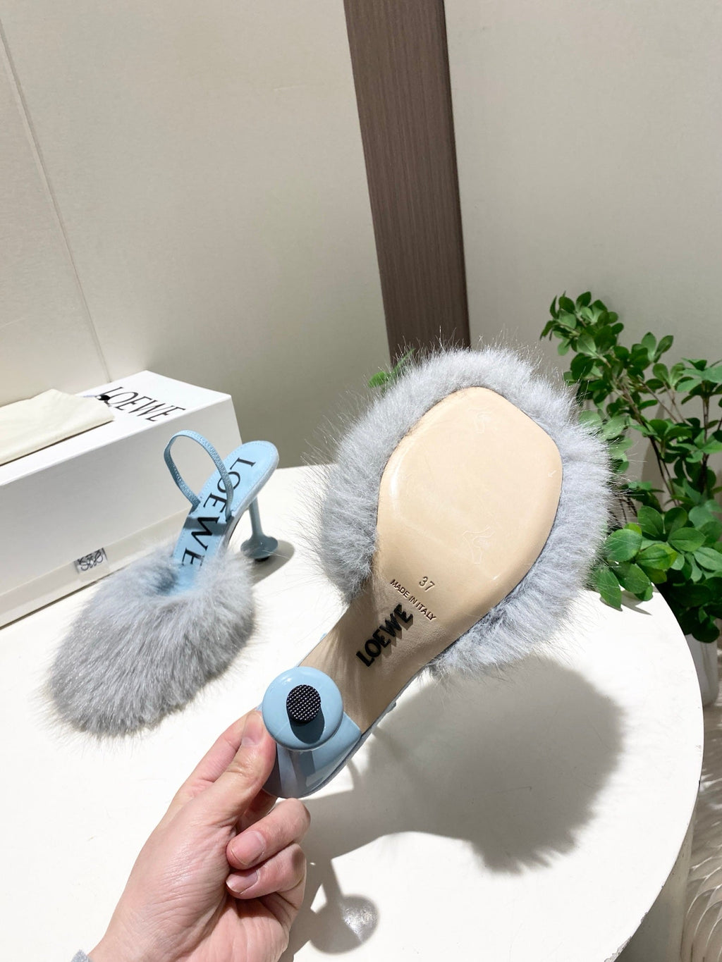 LOEWE 26S OPEN-BACK HIGH HEELS 100MM IN LIGHT BLUE CALFSKIN WITH FUR
