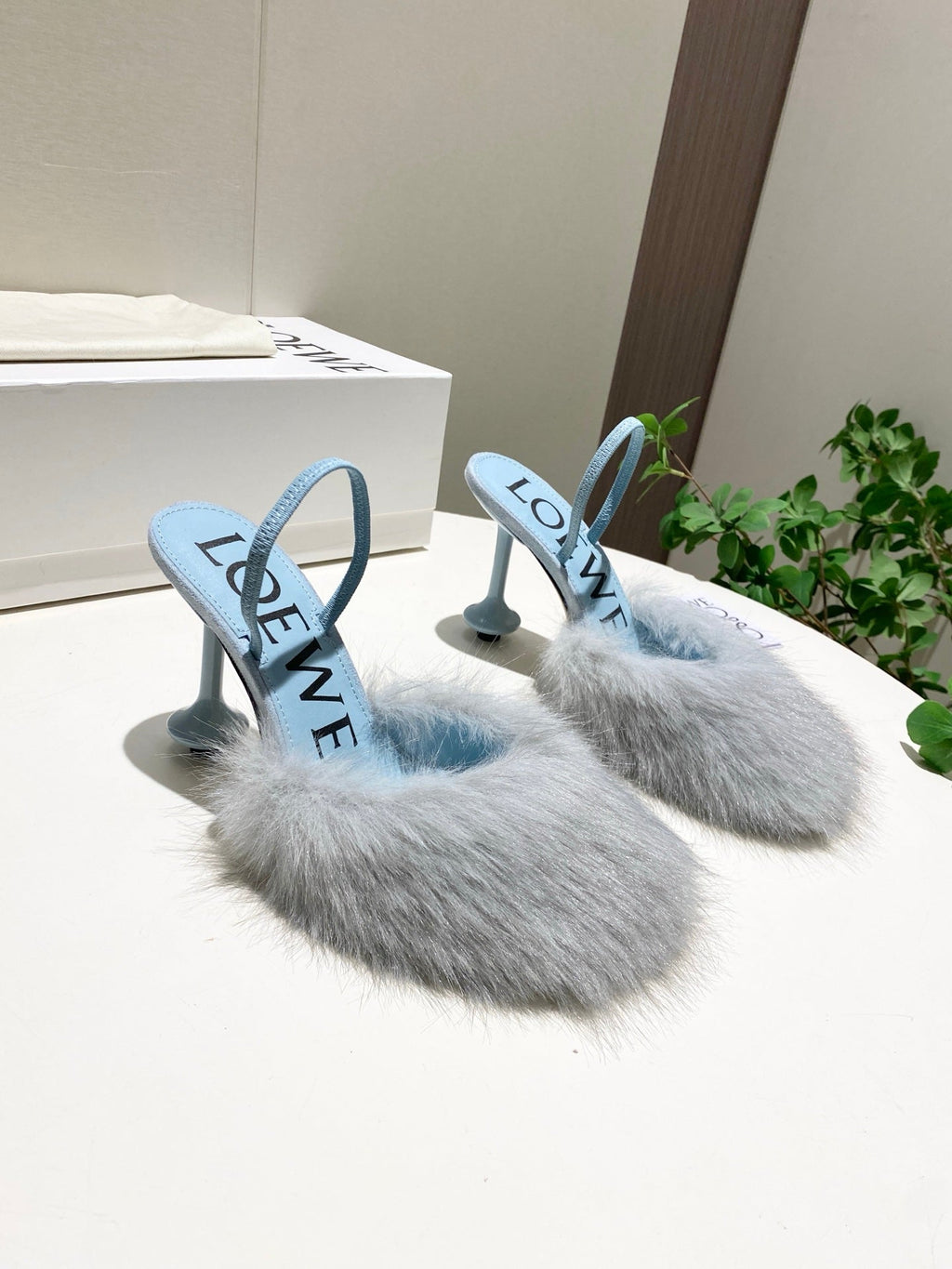 LOEWE 26S OPEN-BACK HIGH HEELS 100MM IN LIGHT BLUE CALFSKIN WITH FUR
