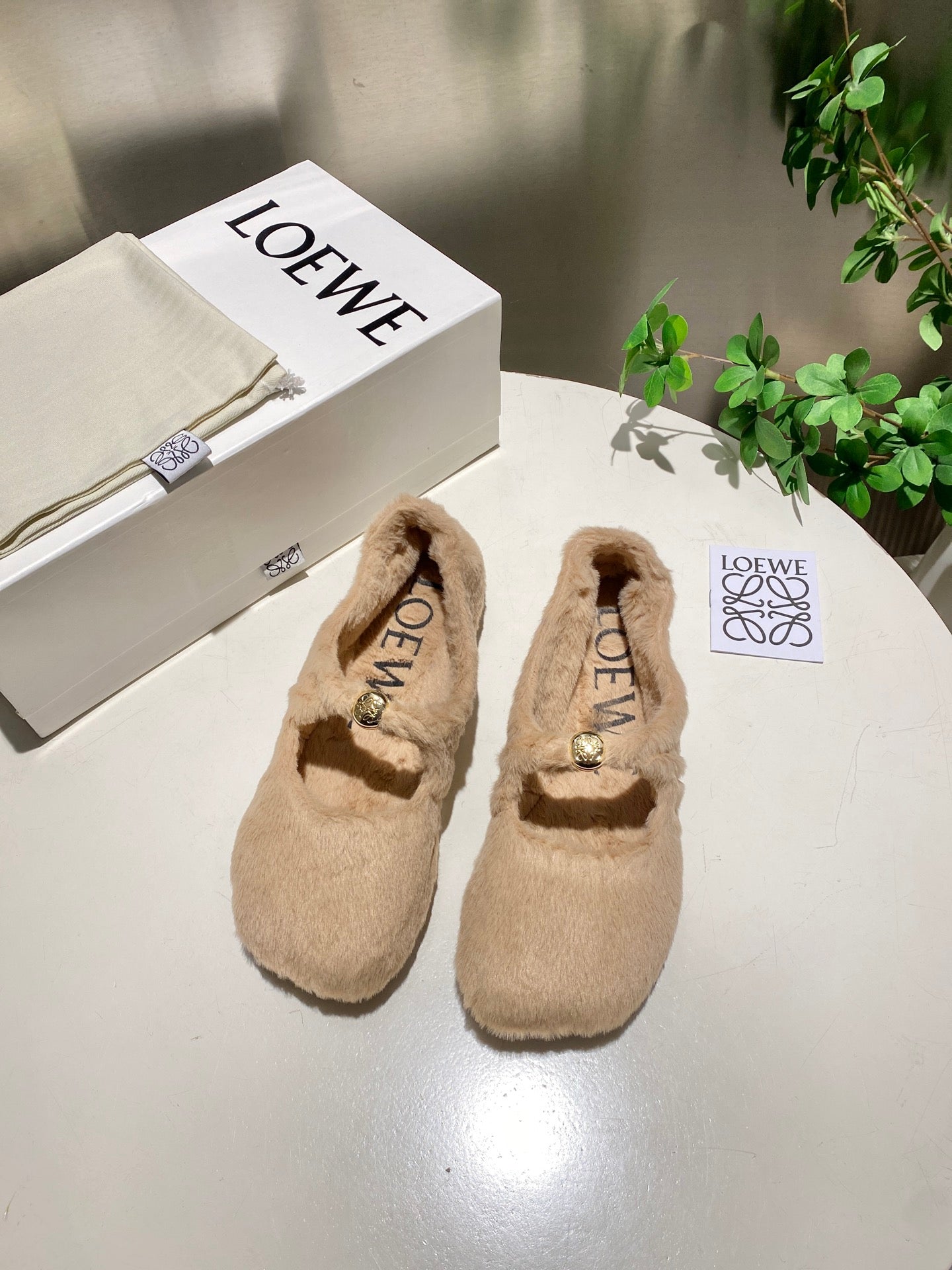 LOEWE 26S BALLET FLATS IN BEIGE SHEARLING
