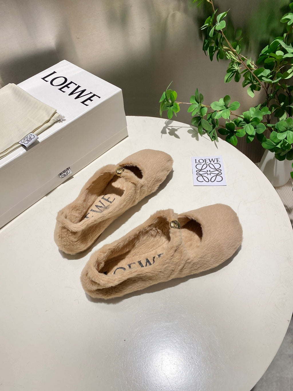 LOEWE 26S BALLET FLATS IN BEIGE SHEARLING