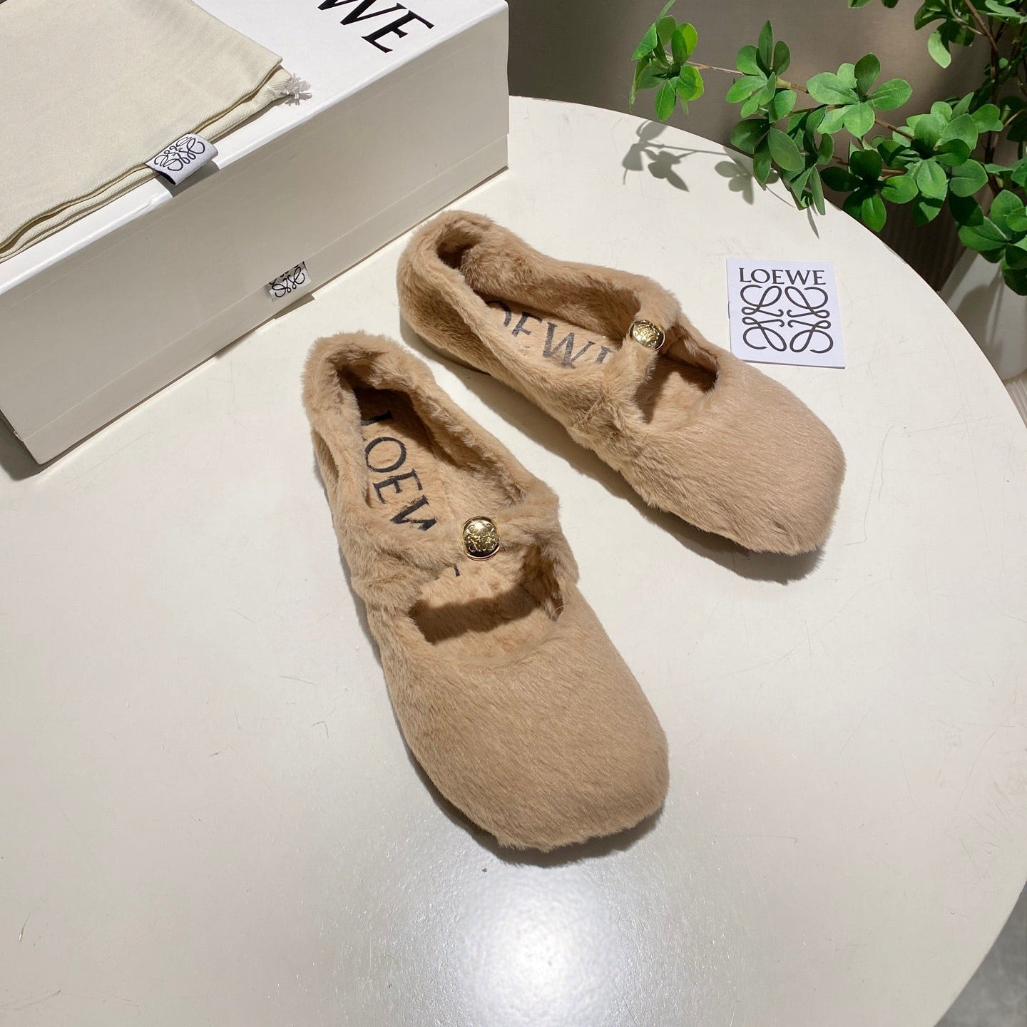 LOEWE 26S BALLET FLATS IN BEIGE SHEARLING