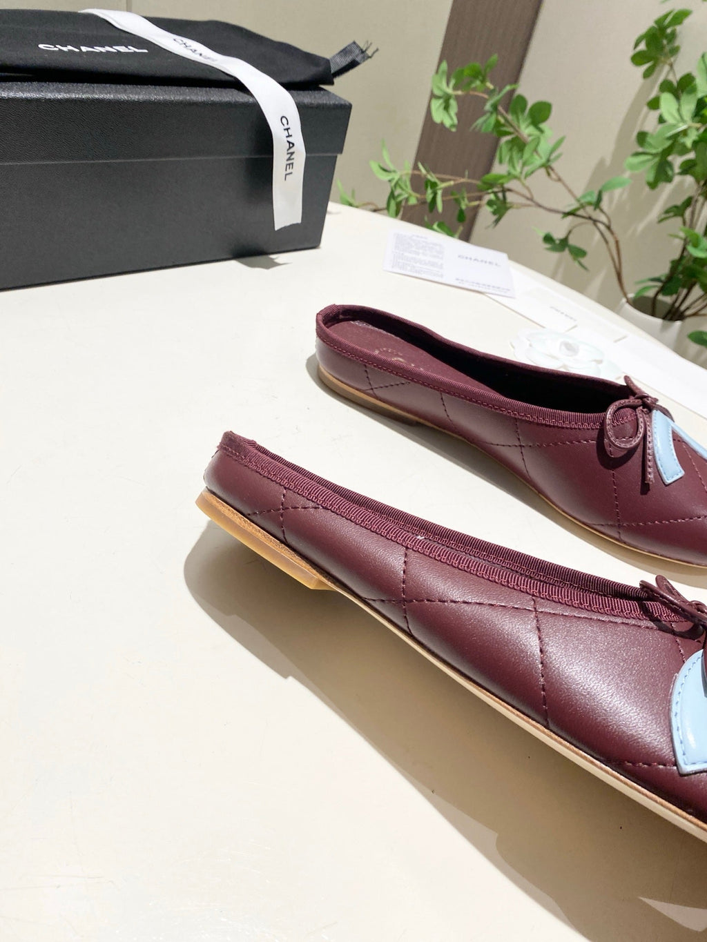 CHANEL 26S FLAT MULES IN DARK RED LAMBSKIN