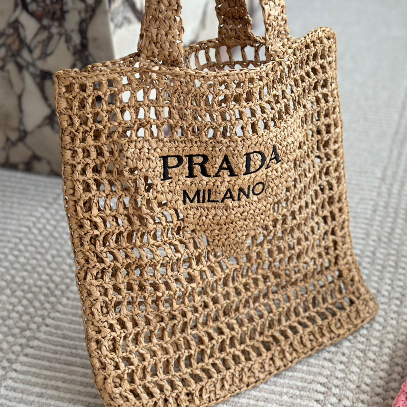 BLACK EMBROIDED LOGO TOTE BAG 40IN BROWN WOVEN RAFFIA